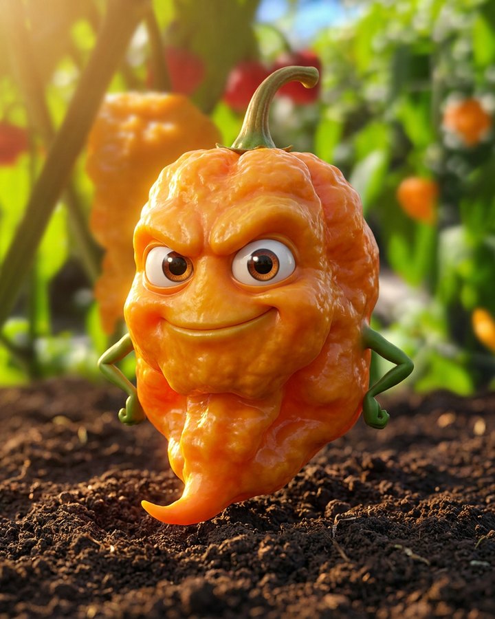 Character art: a cartoon Fried Chicken pod with a mischievous grin, standing in garden soil