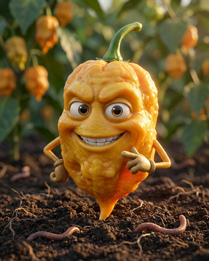 Character art: a grinning cartoon Jay's Peach Ghost Scorpion pod standing in garden soil