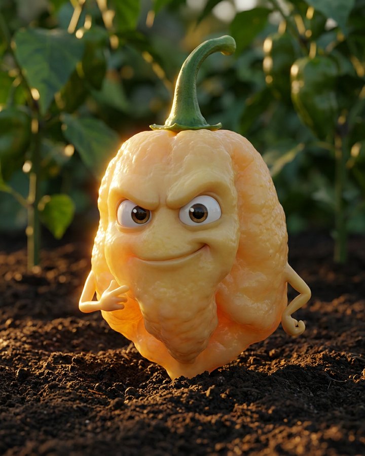 Character art: a cartoon Peach Pyro pod with a sly grin, standing in garden soil