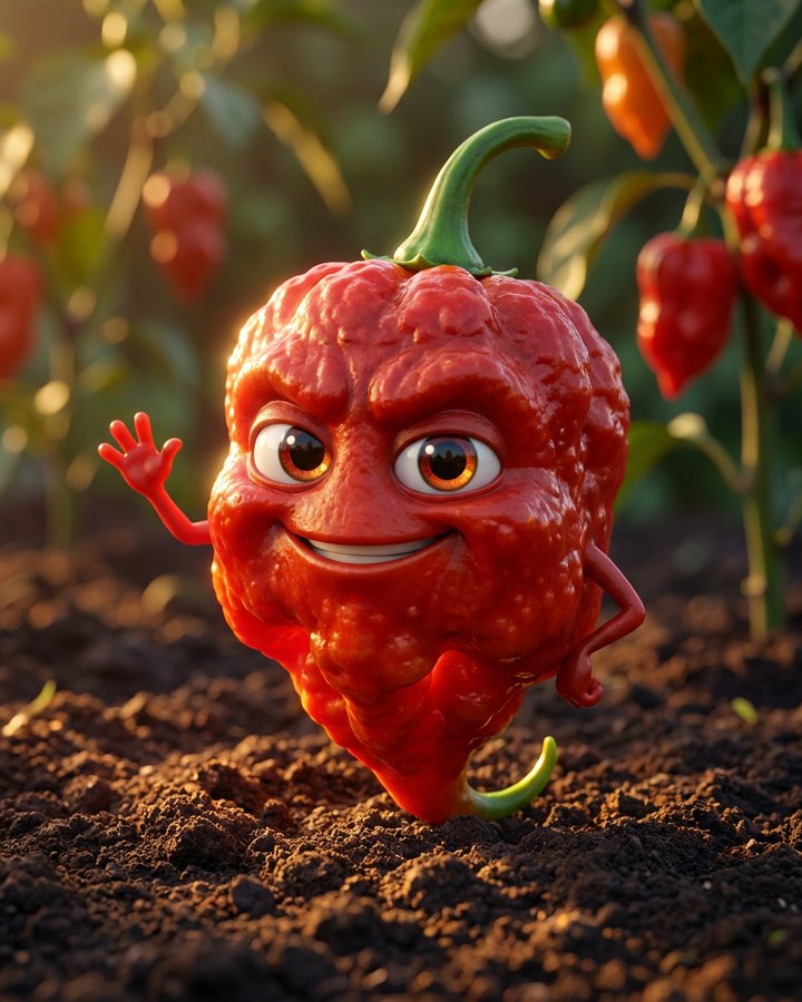 Character art: a cartoon Red Ruckus pod waving hello, standing in garden soil